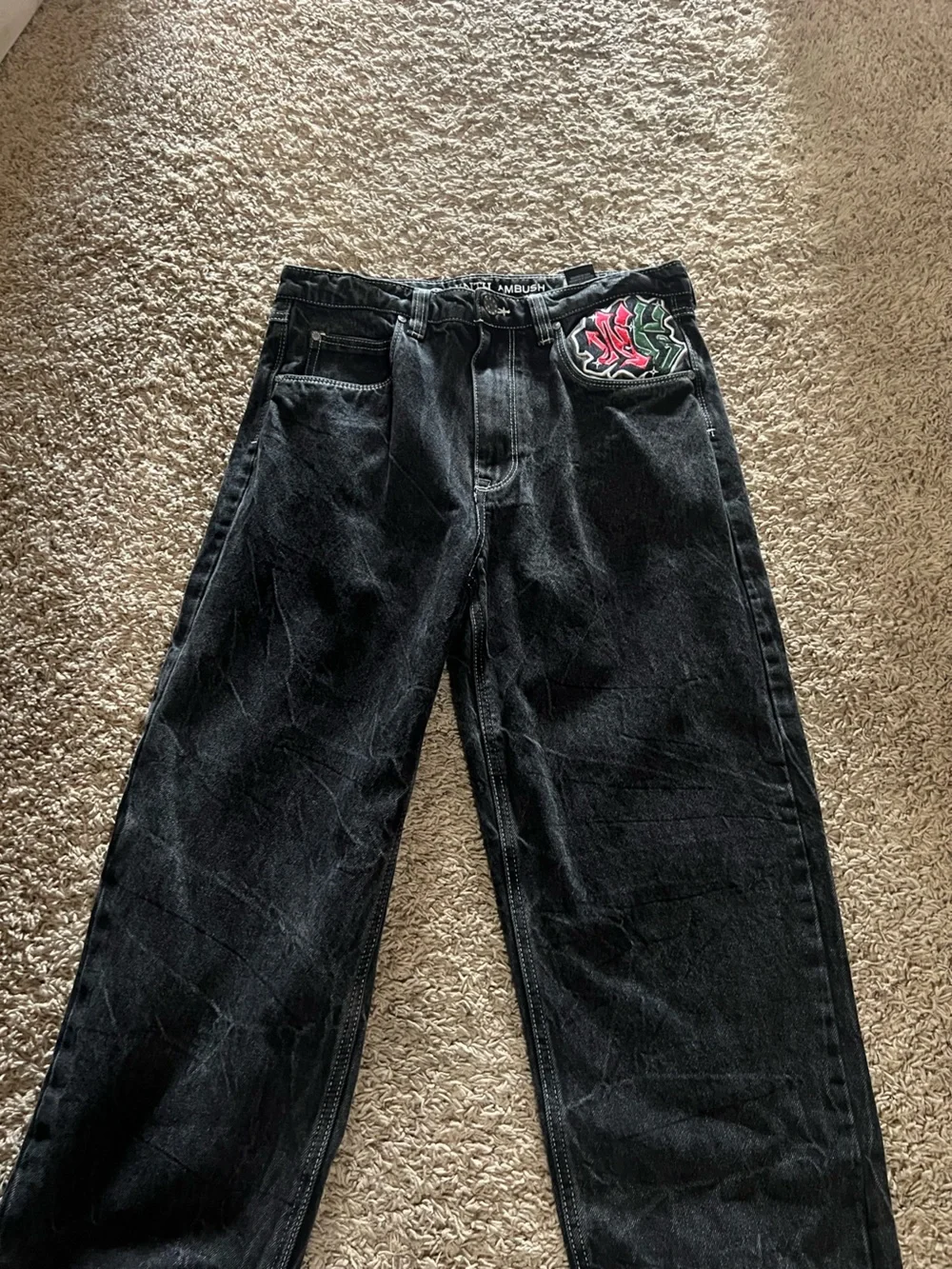Black Embroidered Denim Jeans with Eagle and Snake Pockets